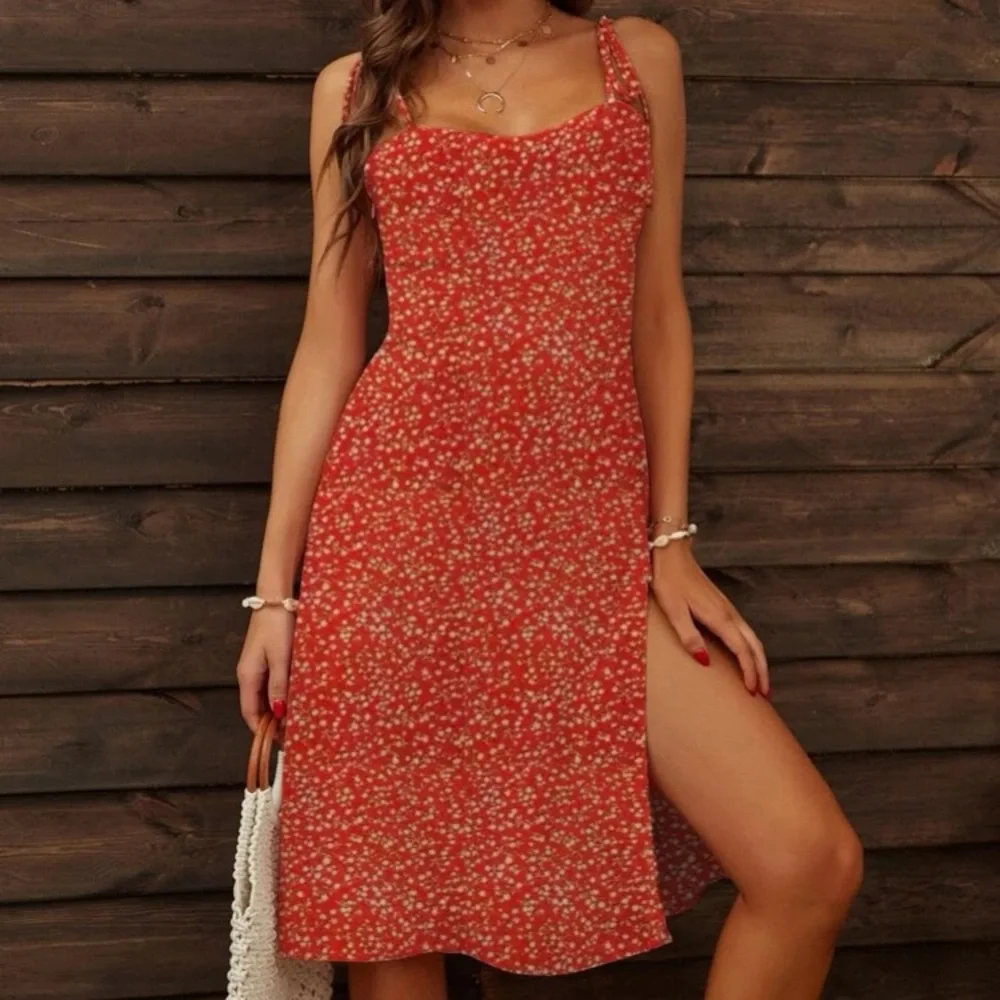Boho red split thigh tie shoulder cami dress